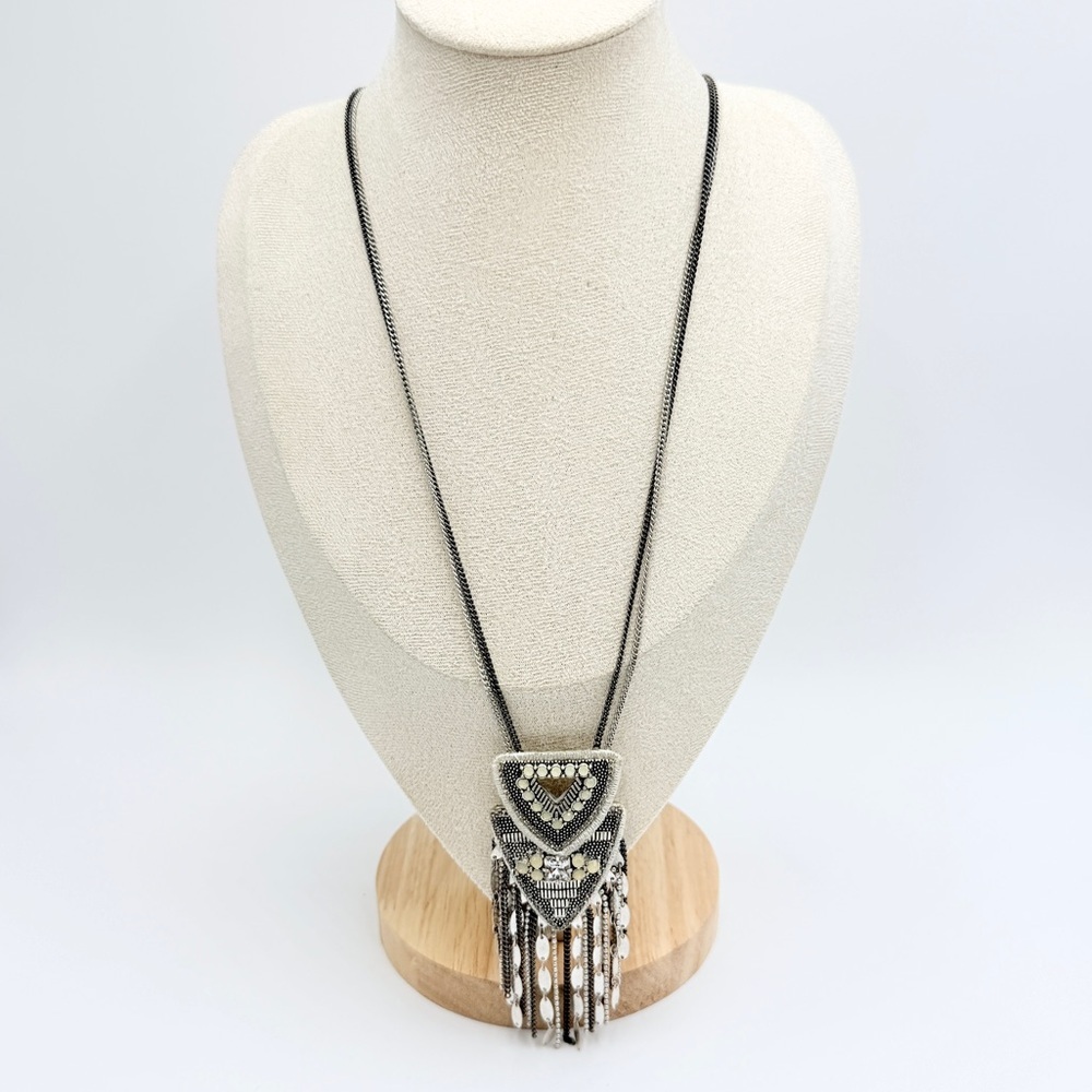 Stella & Dot Chiara Silvertone Boho Fringe Pendant Long Necklace